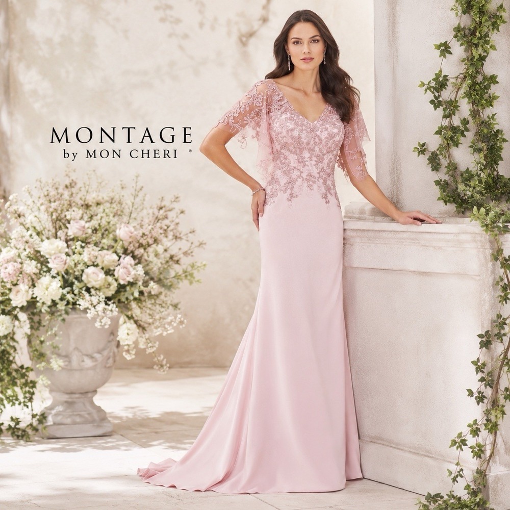 Montage by Mon Cheri Sz 12 Sheer Sleeve Formal Dress Floral Bead Sequins Pink